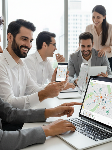 Company with a tracking solutions, happy people using a laptop and a cell phone for tracking their assets, 